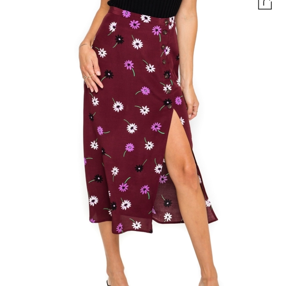 Astr Dresses & Skirts - Button Side Slit Midi Skirt In Wine Multi Floral